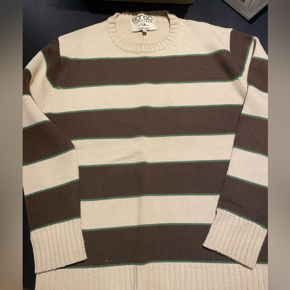 BONGO Men's Brown and Cream Striped Crewneck Sweater